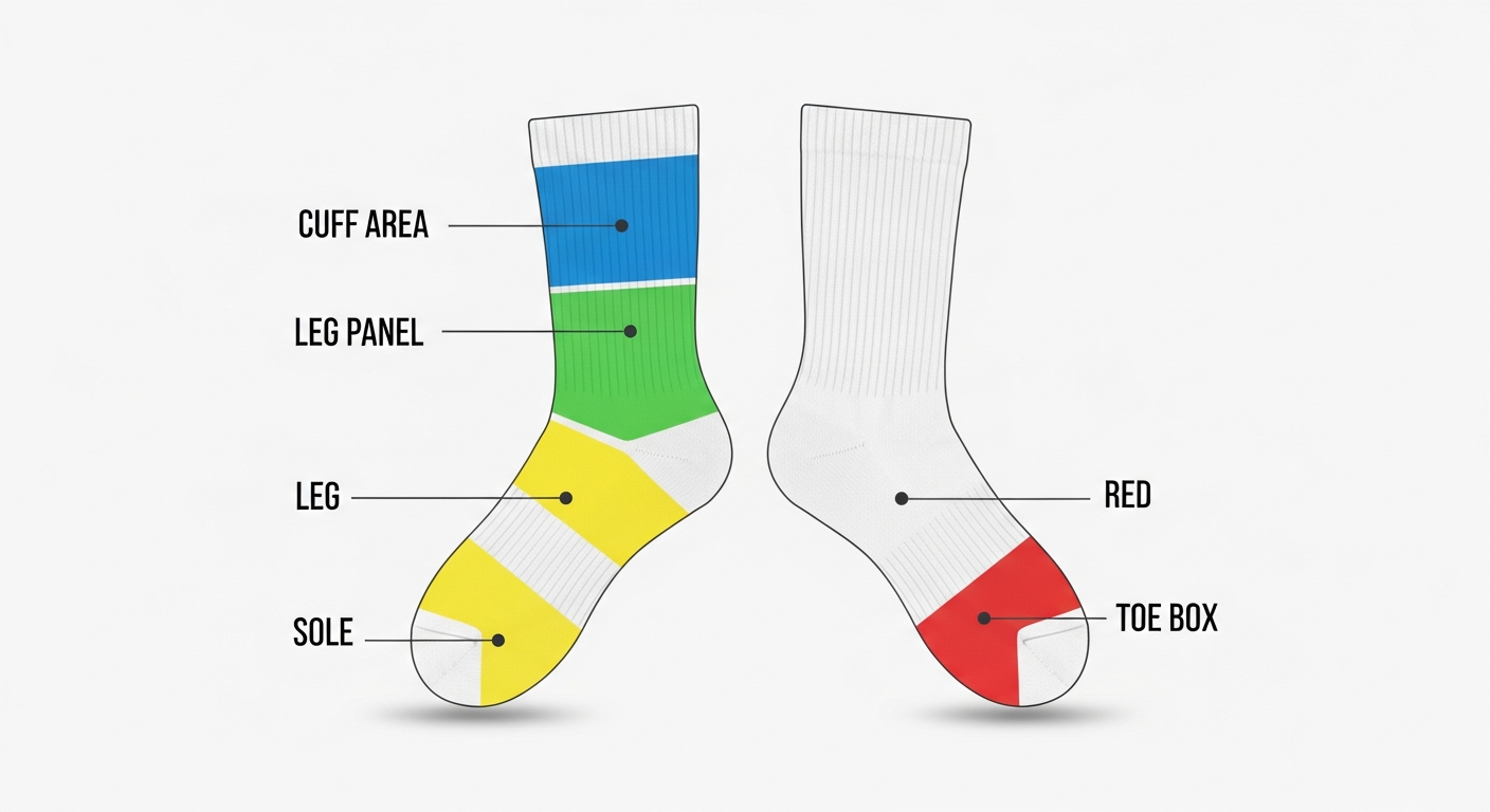 Custom sock logo placement zones showing cuff leg panel sole and toe box branding areas