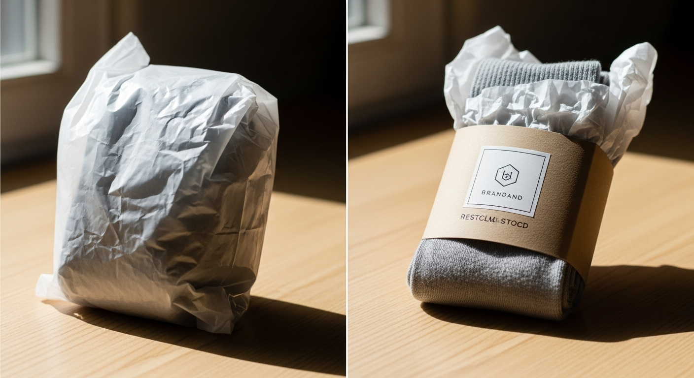 Custom sock packaging mistakes showing wrinkled unbranded bags versus professional branded belly band presentation
