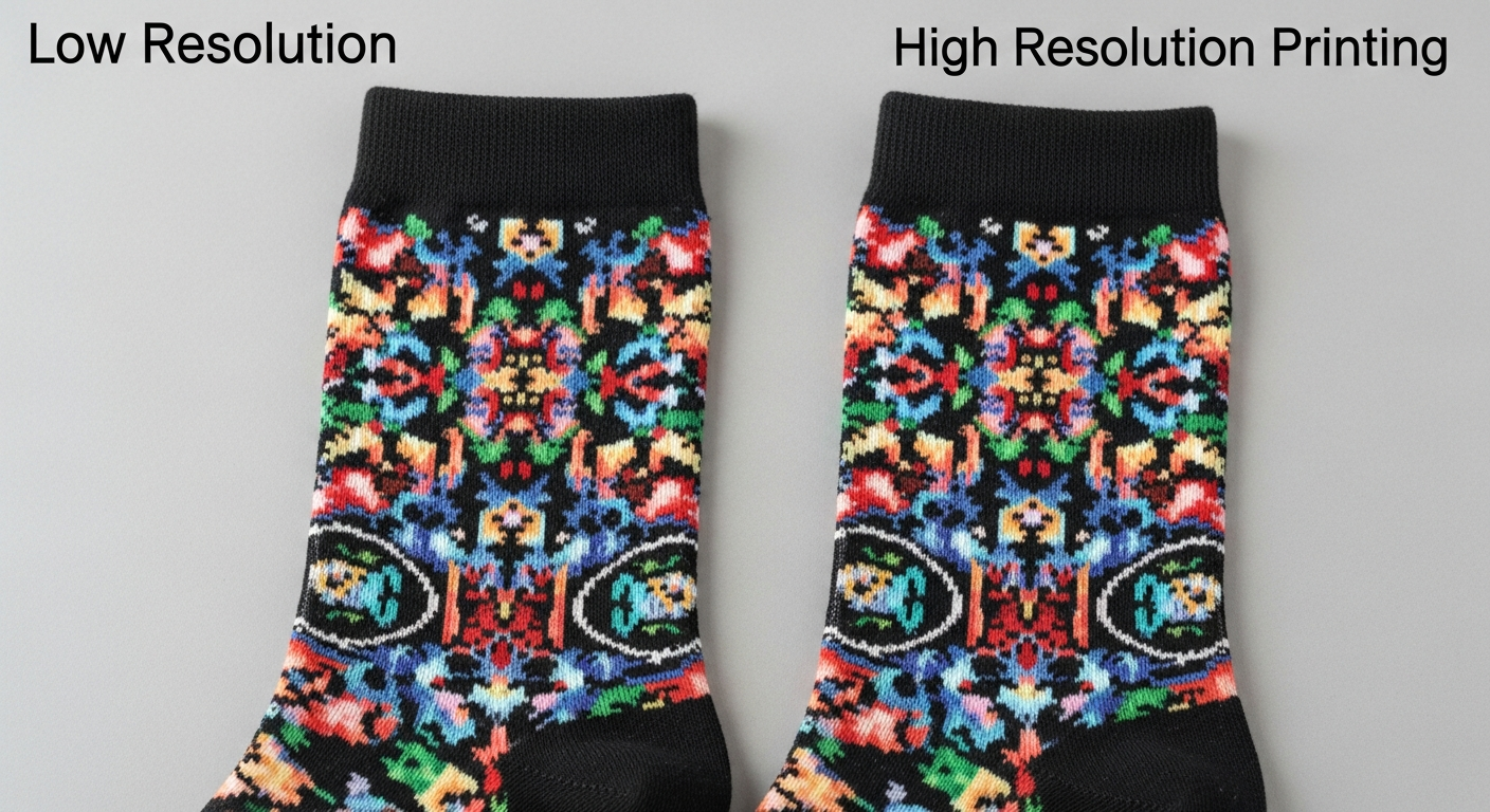 Side by side comparison of low resolution vs high resolution custom sock prints showing pixelation versus sharp detail