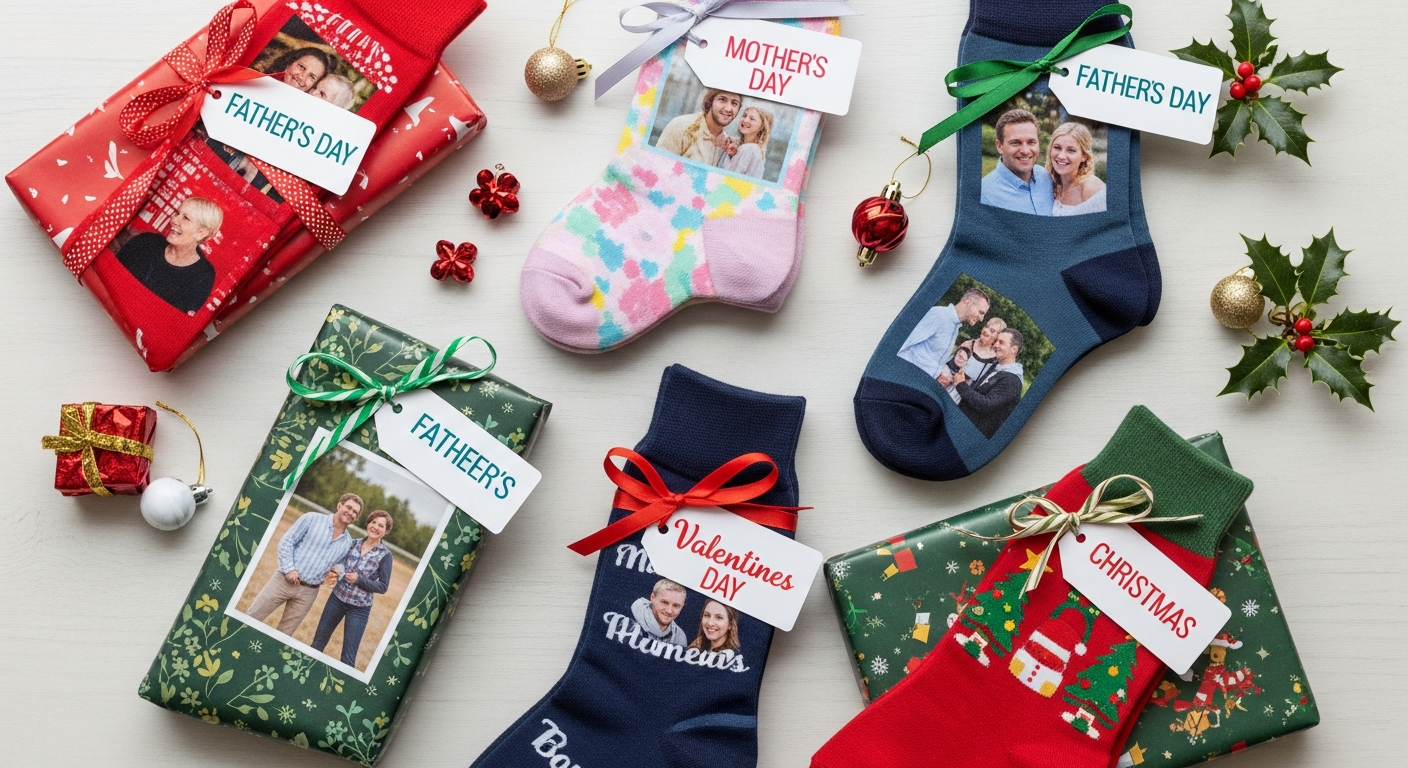 Personalized photo socks arranged as gifts for Father's Day Mother's Day Valentine's Day and Christmas occasions
