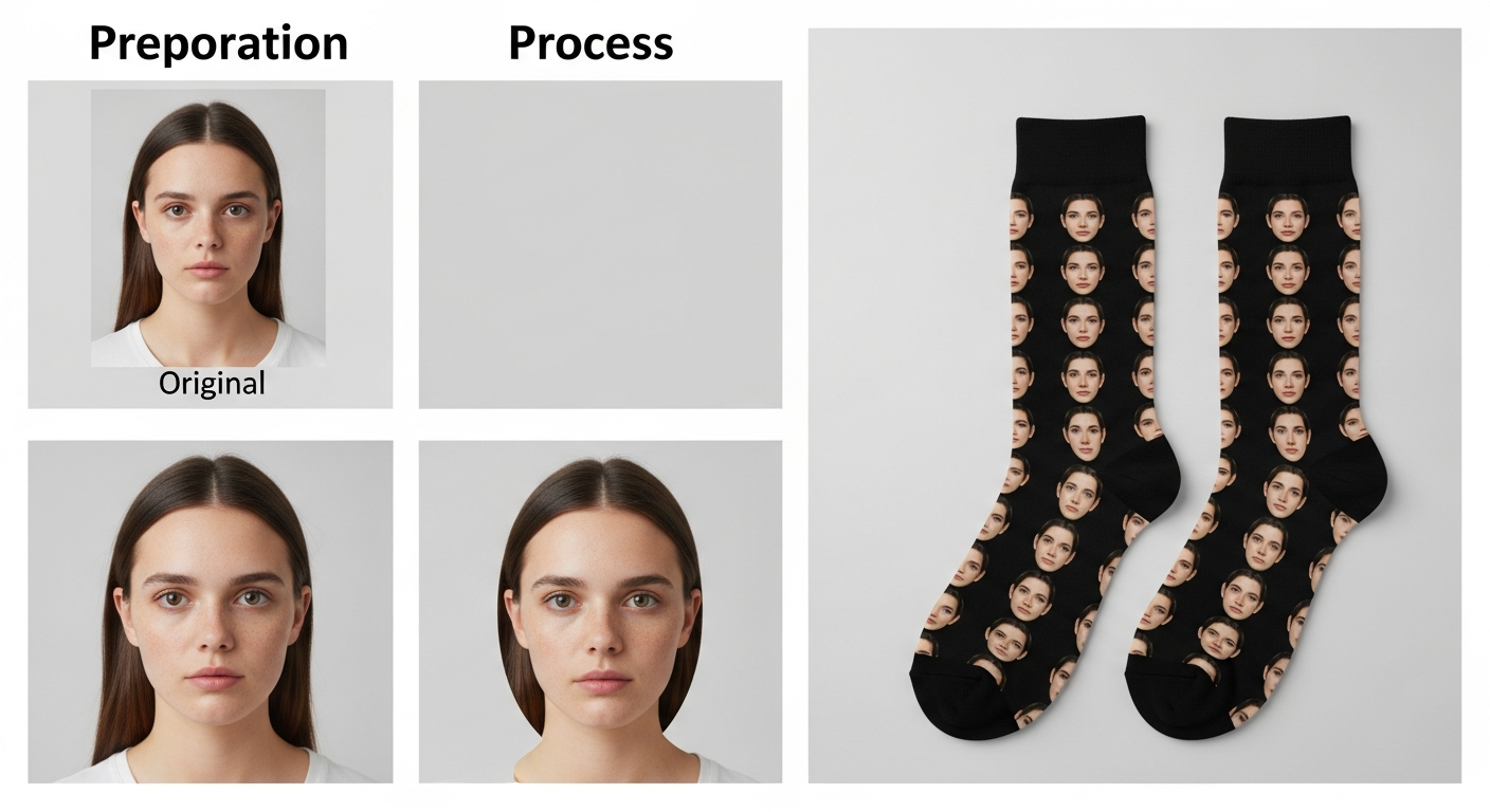 Photo preparation steps for custom face socks showing original photo background removal and face cropping process