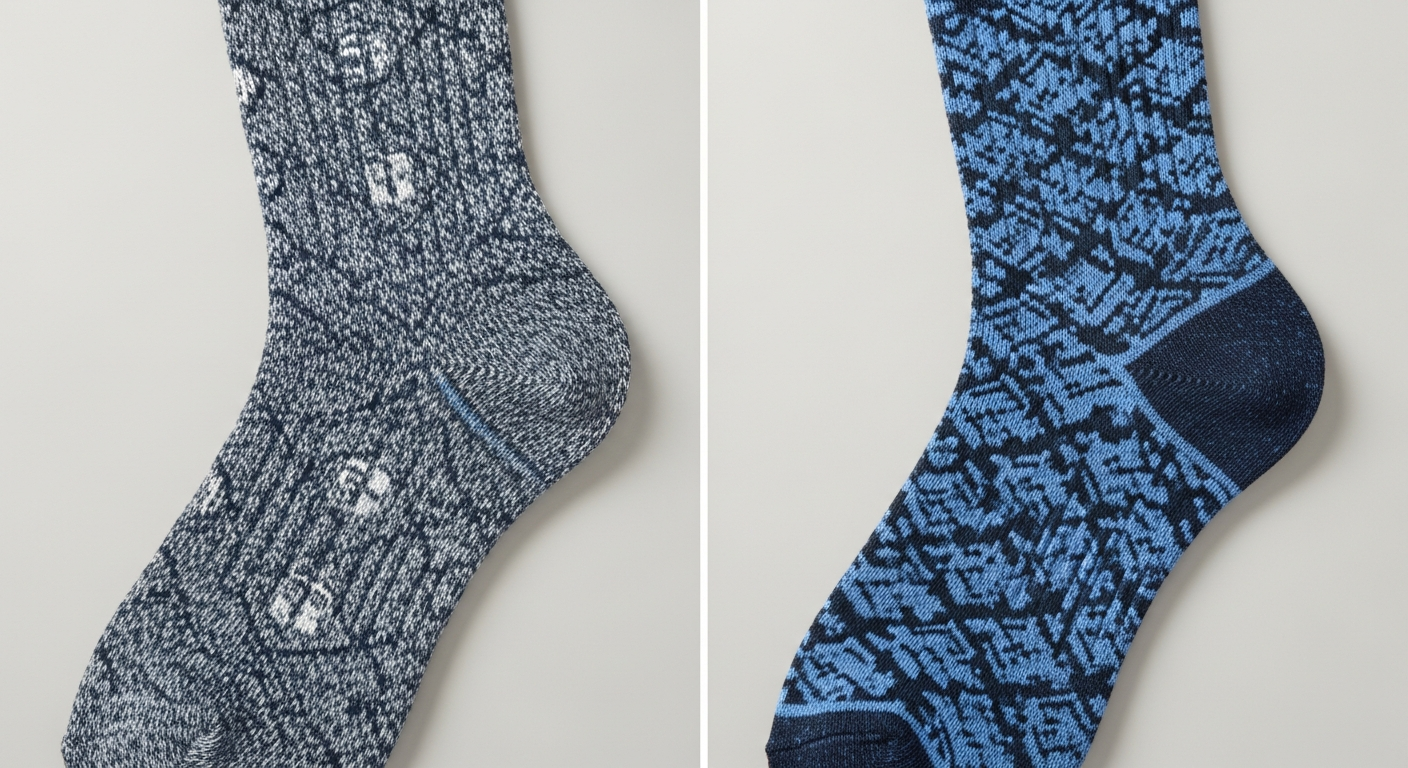 Knit-in Jacquard custom socks compared to sublimation printed socks showing texture difference