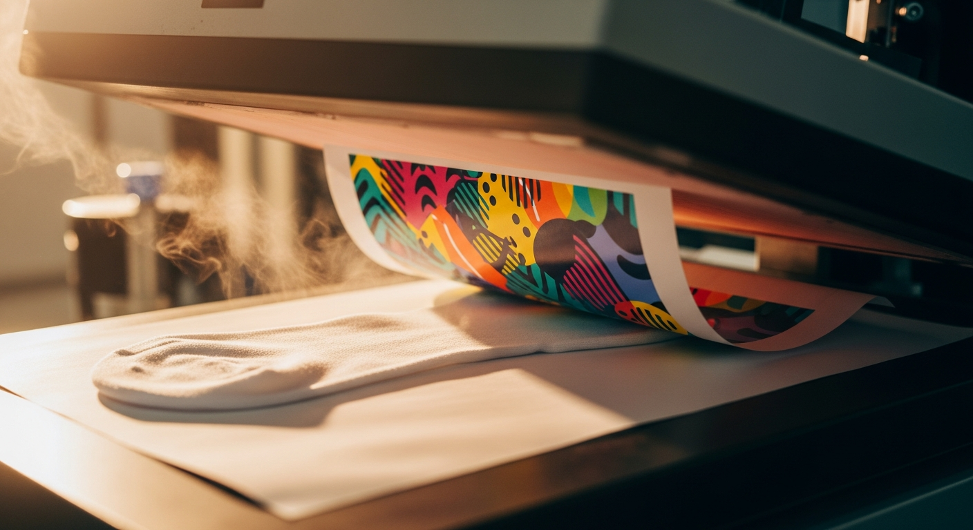 Sublimation printing process for custom socks showing heat transfer onto polyester fabric