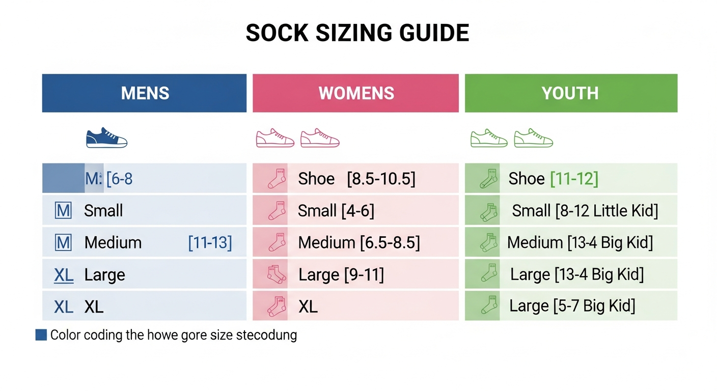 Custom sock size chart showing mens womens and youth sizing with shoe size and foot length measurements