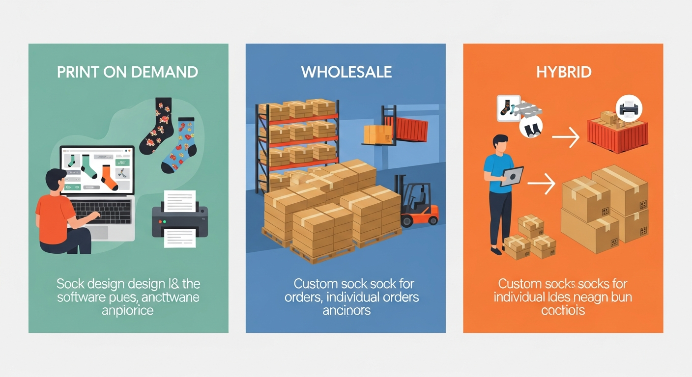 Custom sock business model comparison showing print on demand wholesale and hybrid approaches with pros and cons