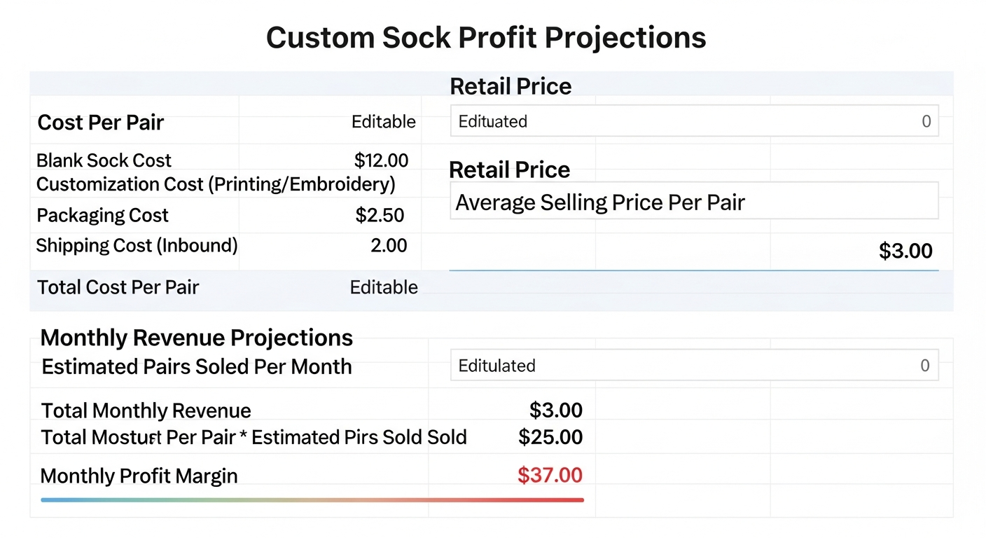 Custom sock business profit margin calculator showing cost per pair retail price and monthly revenue projections