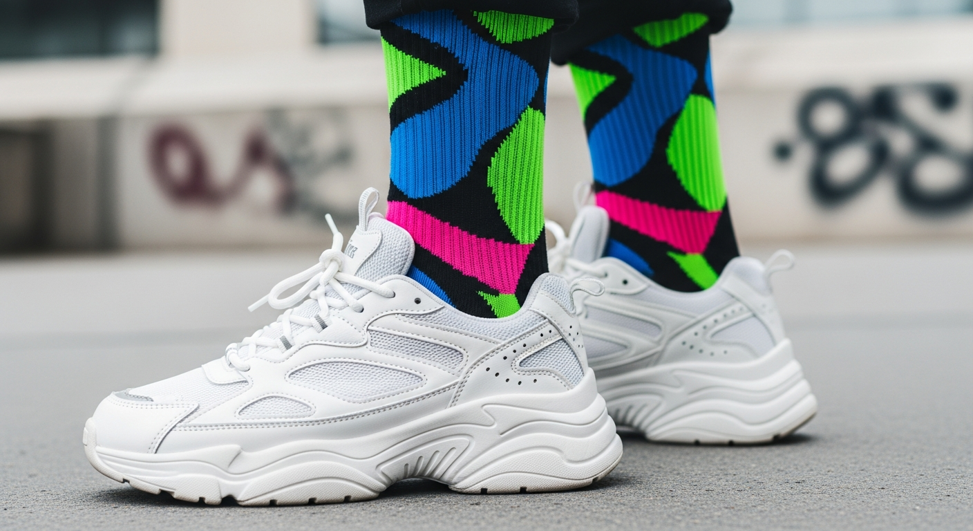 Crew length custom socks styled with sneakers showing trending 2026 streetwear fashion