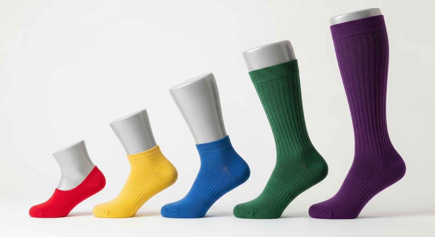 Five custom sock styles from no-show to knee-high displayed side by side on mannequin feet