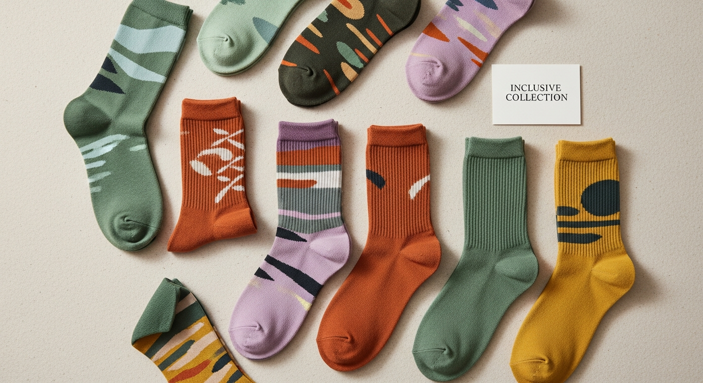 Gender-neutral custom sock designs in earth tones and muted pastels for inclusive unisex collections