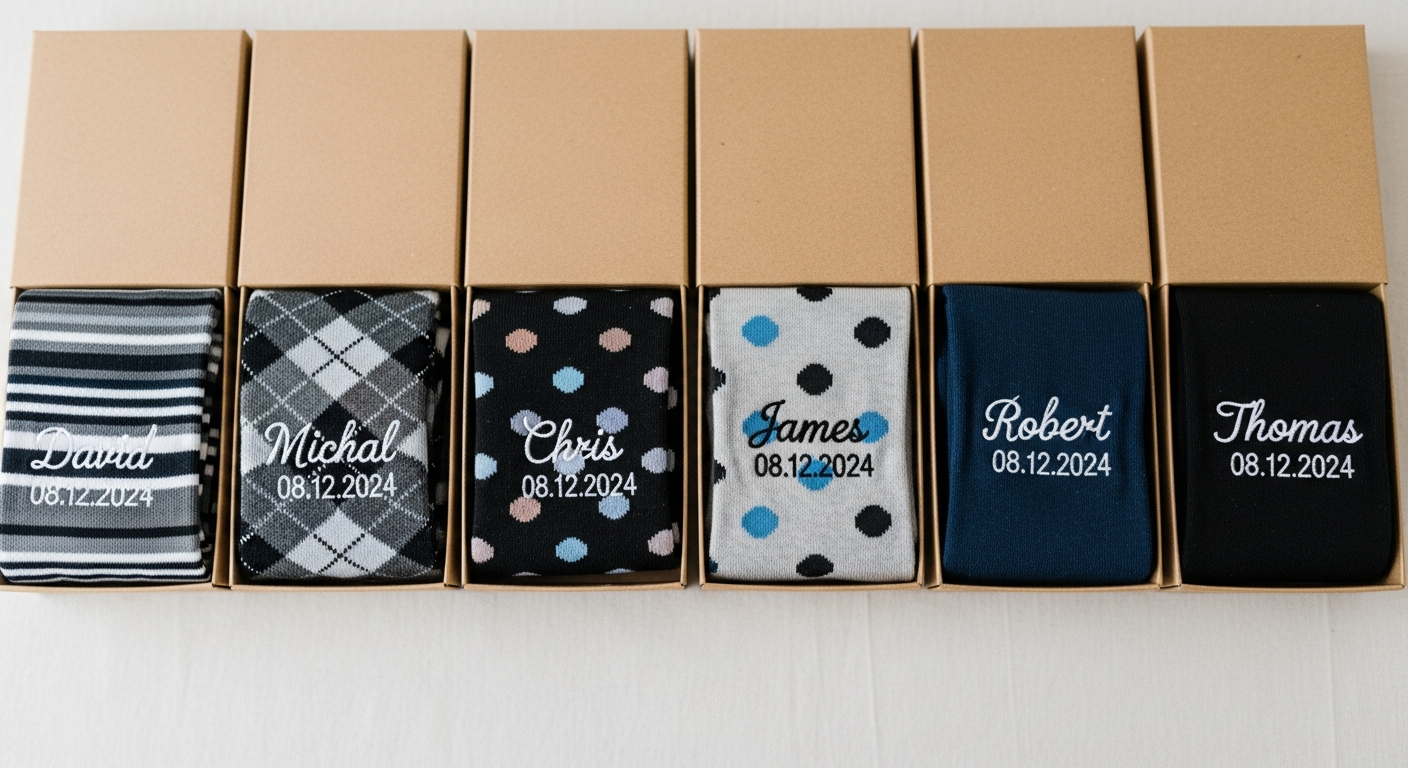 Groomsmen custom socks with embroidered names and wedding date displayed in gift boxes