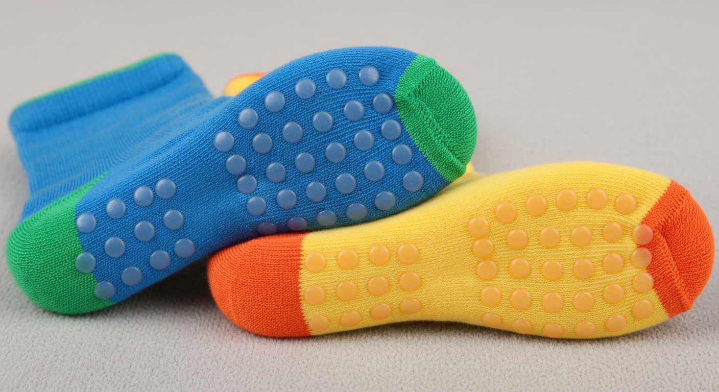 Custom youth socks with silicone grip soles for young children showing non-slip dot pattern on bottom