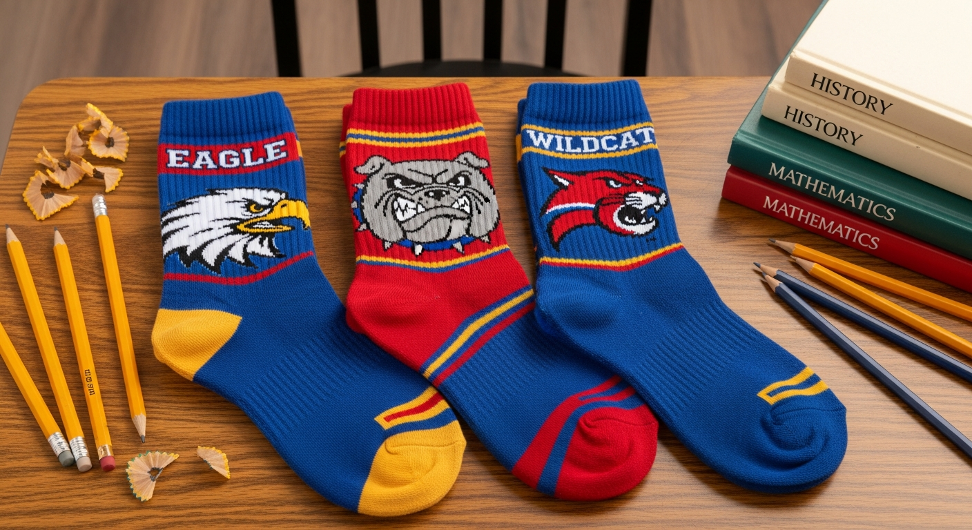 School mascot custom socks featuring eagle bulldog and wildcat designs in team colors for spirit programs