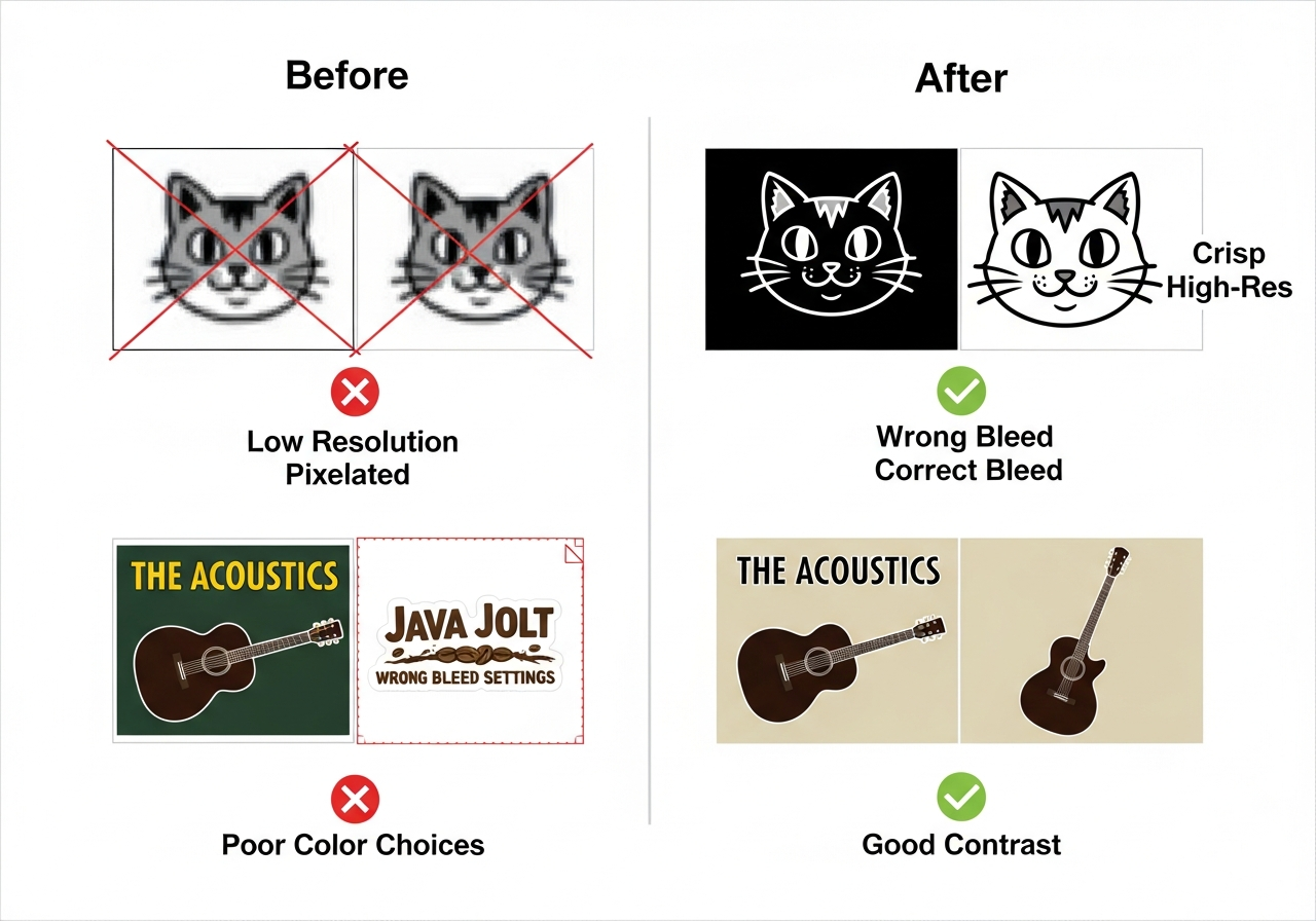 Before and after examples of common custom sticker design mistakes and corrections