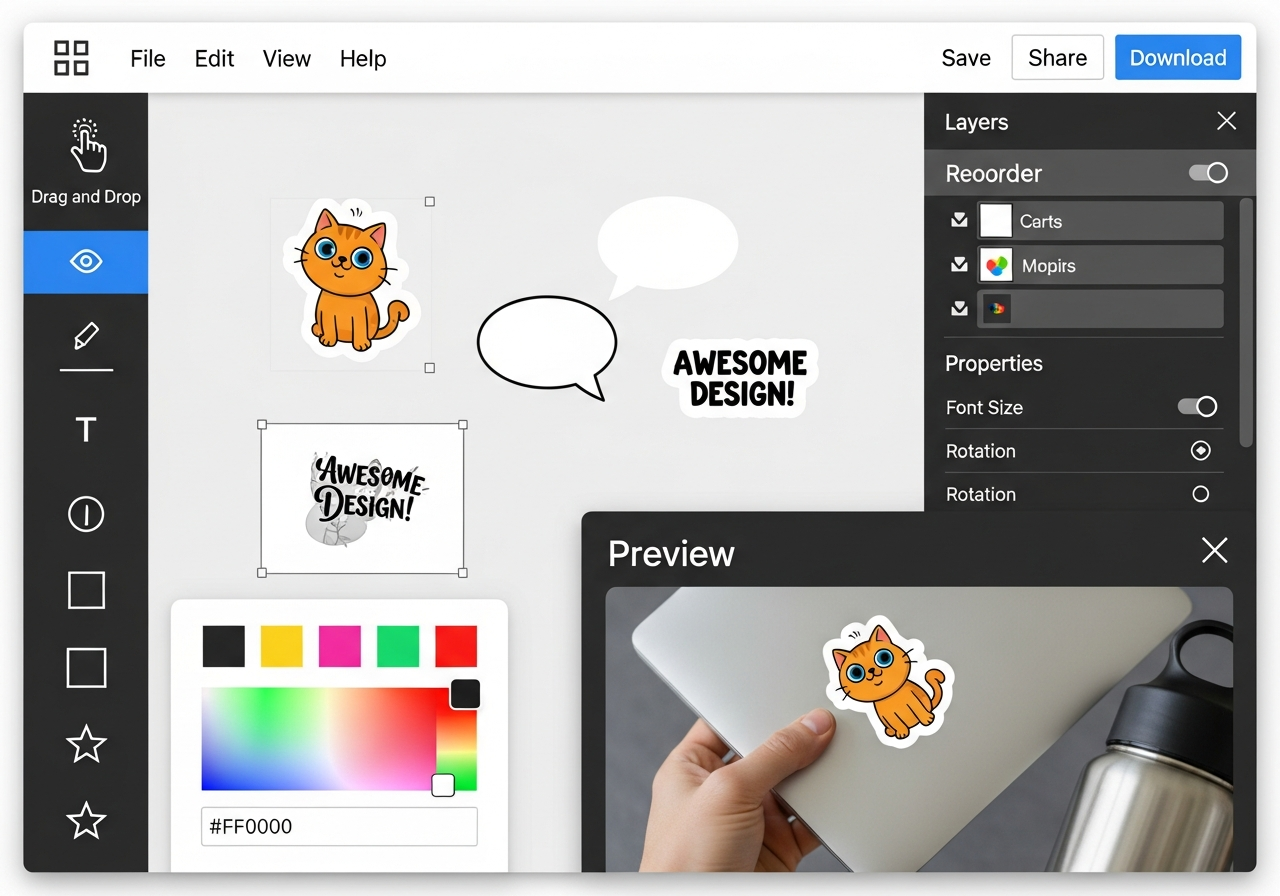 RareCustom sticker design tool interface showing template upload and mockup preview
