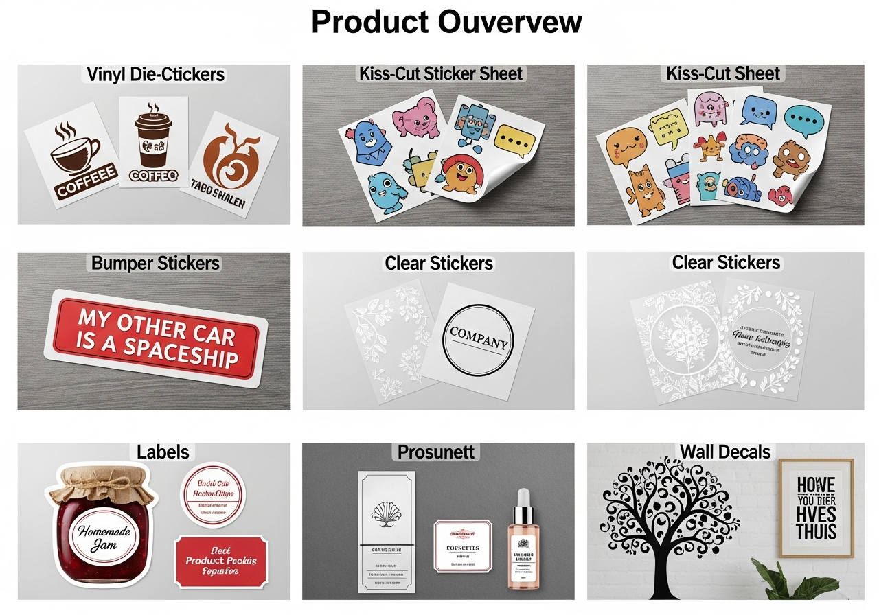 Die-cut kiss-cut clear and transfer custom sticker types side by side comparison