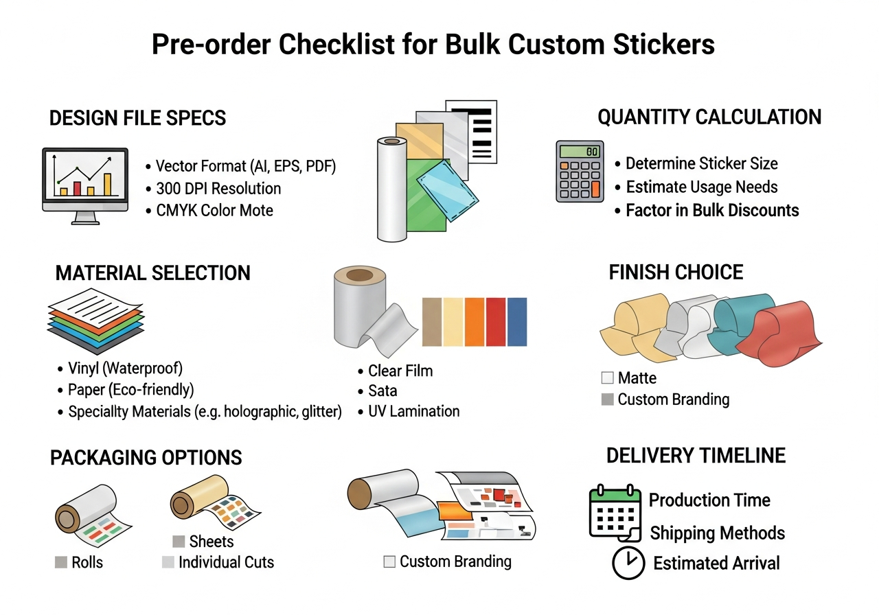 Bulk sticker order checklist infographic with planning steps