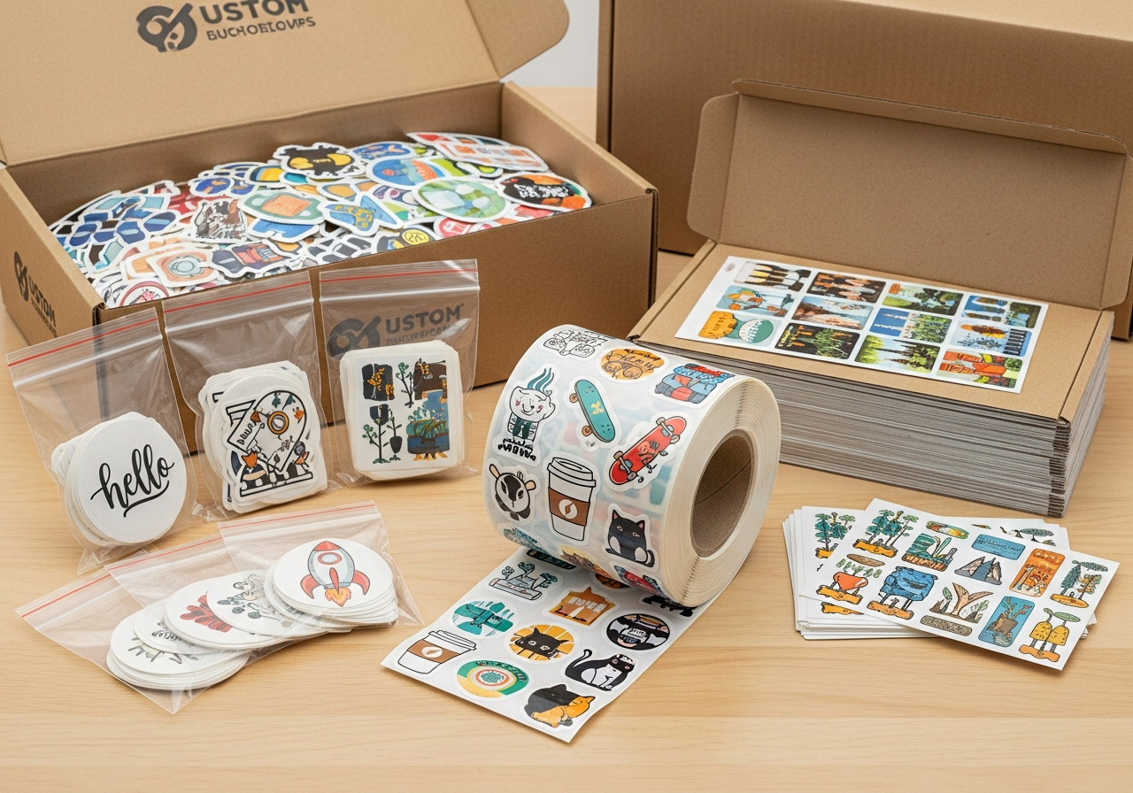 Sticker delivery formats showing flat sheet roll and individual backing