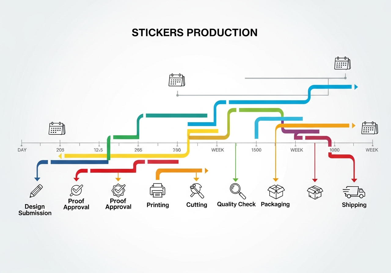 Custom sticker production timeline diagram showing lead times