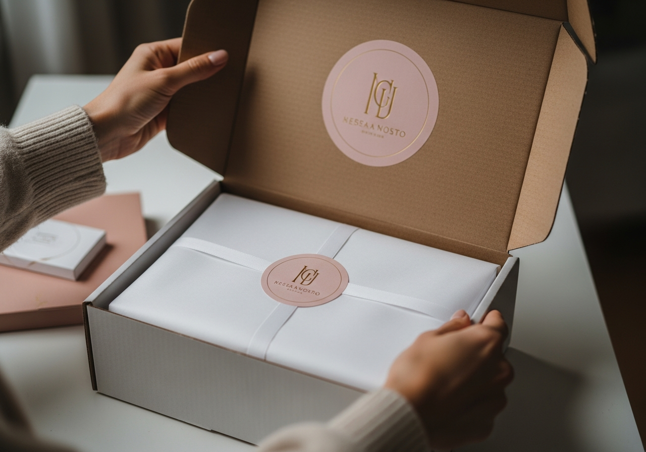 Brand unboxing experience showing custom stickers on packaging and inserts