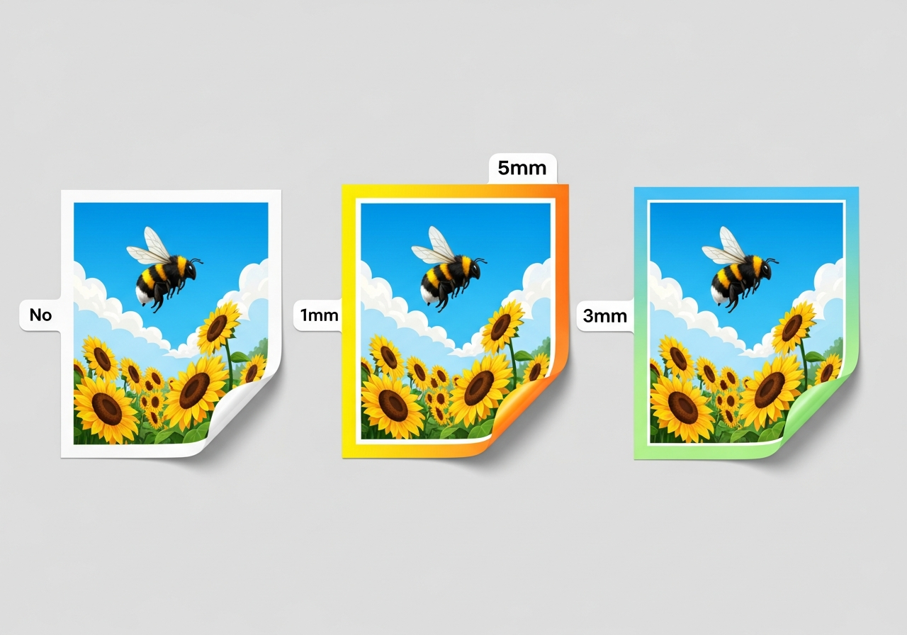 White border vs borderless sticker design comparison on different surfaces