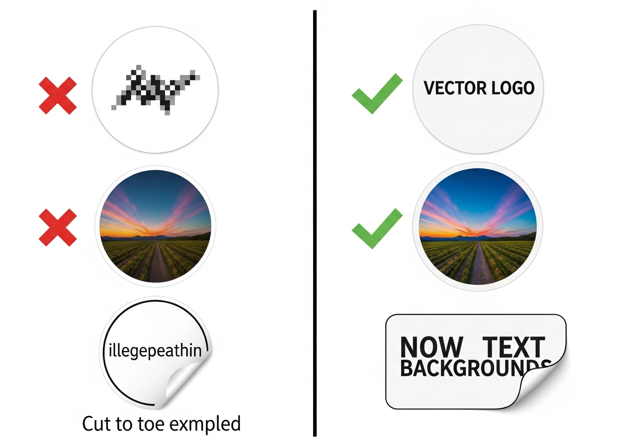 Before and after showing common sticker design mistakes and fixes