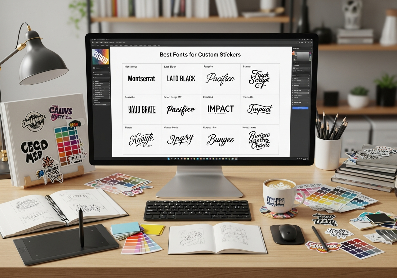Top 10 sticker fonts shown at actual sticker sizes for readability comparison