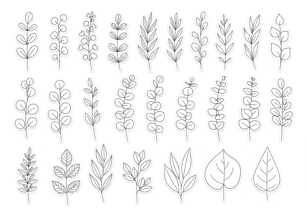 Botanical and nature-inspired sticker designs featuring flowers leaves and mushroom illustrations