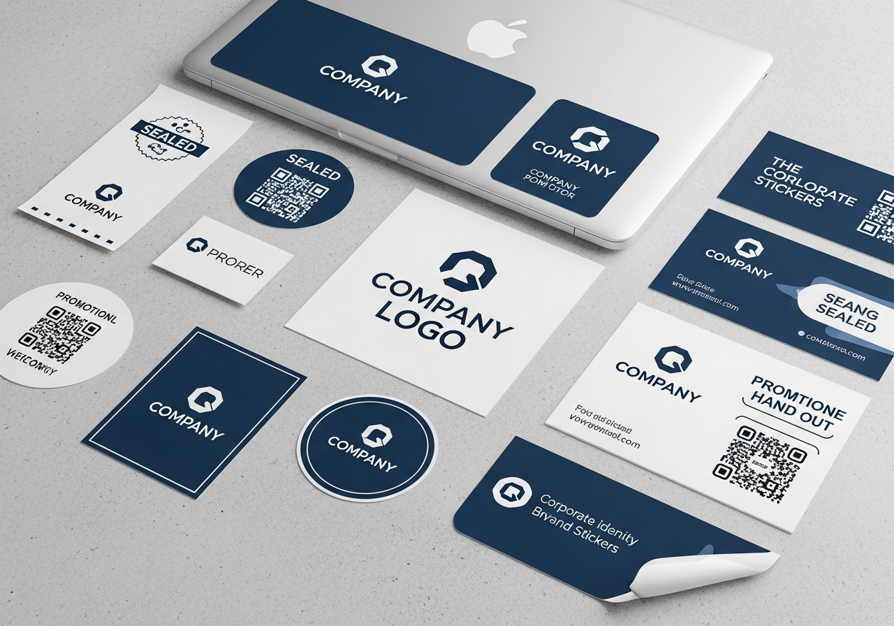 Brand and business sticker ideas featuring logo variations icons and promotional designs