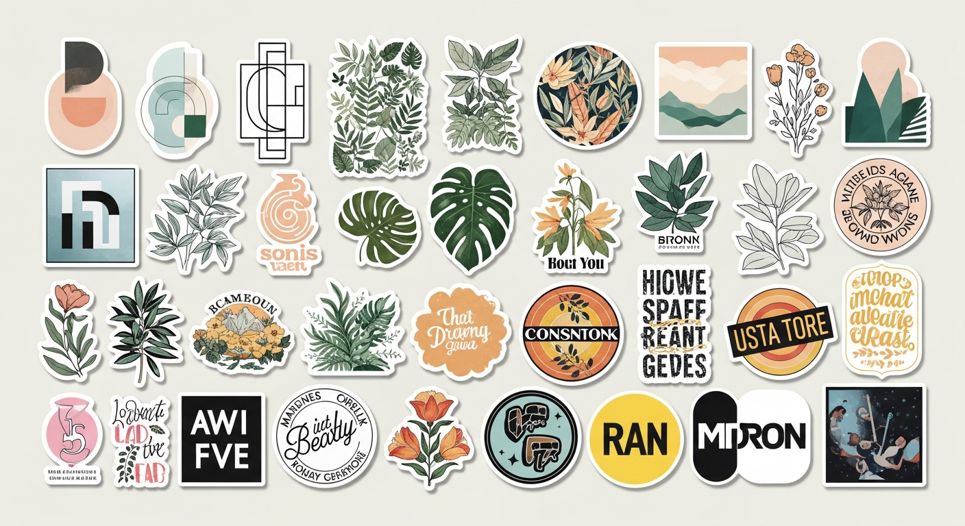 Gallery of custom sticker design ideas spanning minimalist retro botanical and typography styles