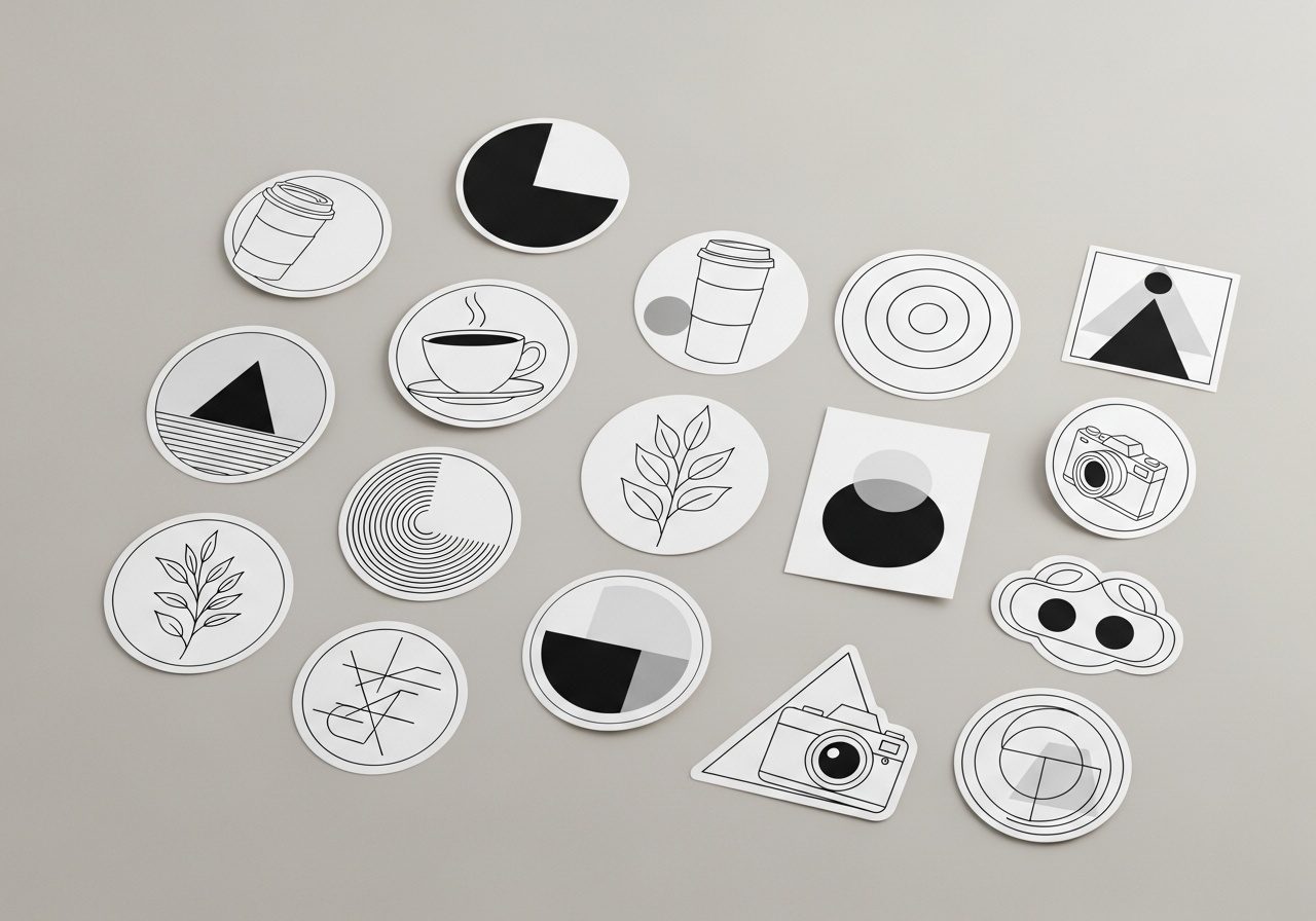 Minimalist clean line art sticker designs featuring geometric animals and simple illustrations