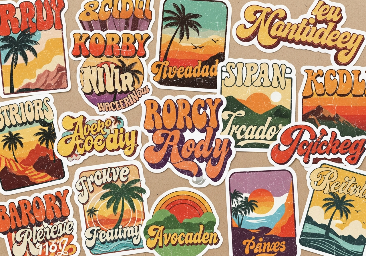 Retro and vintage sticker designs with 70s 80s and 90s inspired color palettes and typography