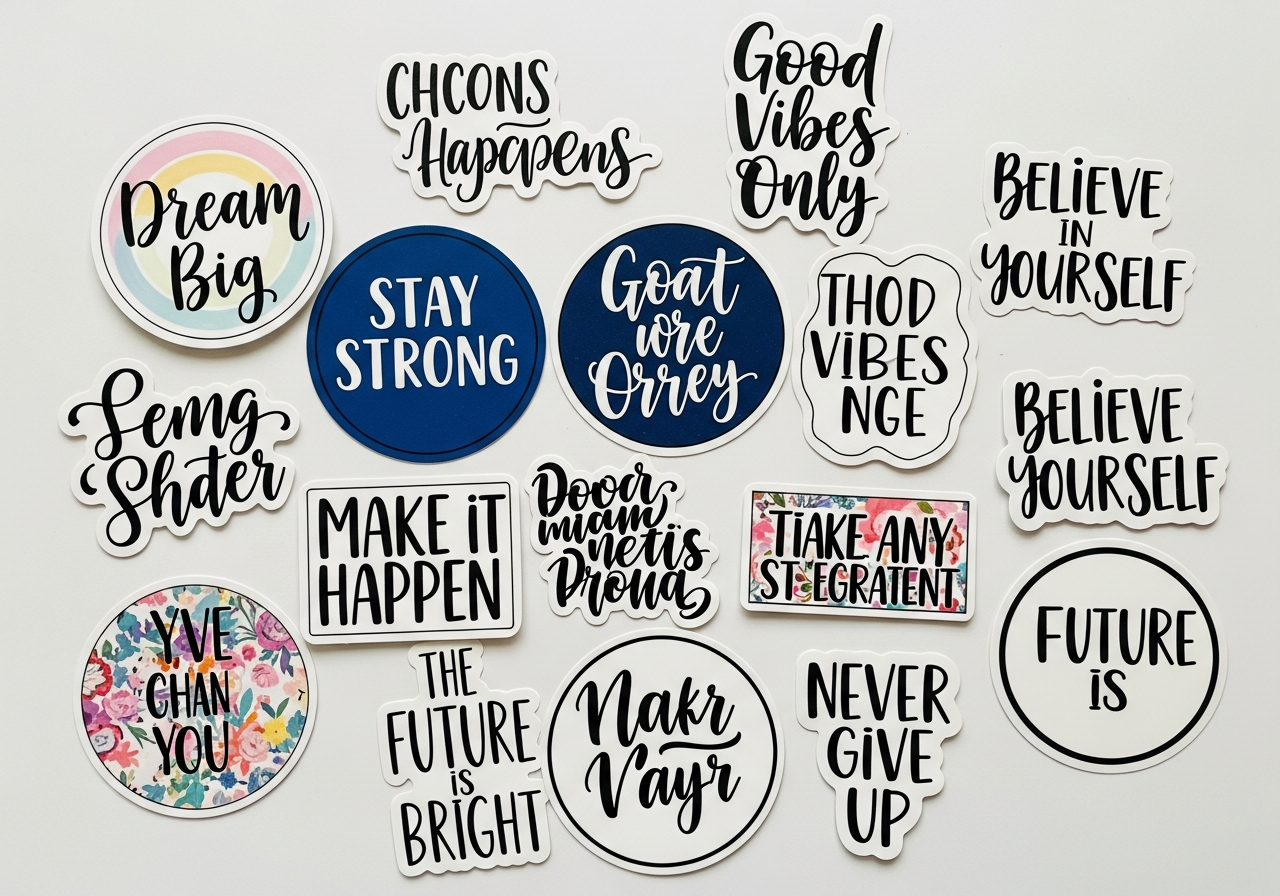 Typography and quote sticker designs featuring motivational lettering and hand-drawn fonts