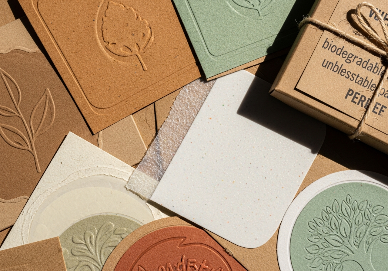 Sustainable sticker materials including recycled paper and kraft options