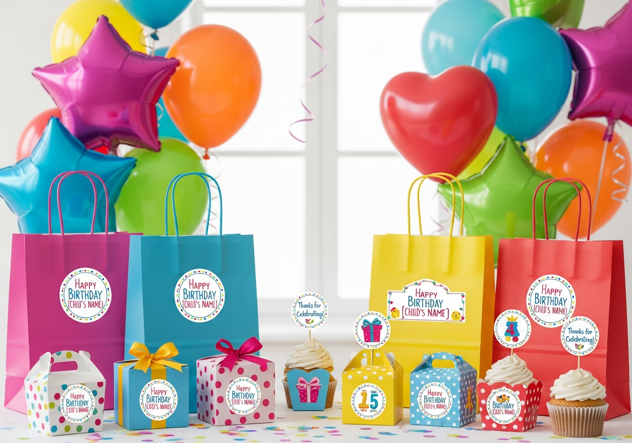 Colorful birthday party sticker designs for kids and milestone celebrations