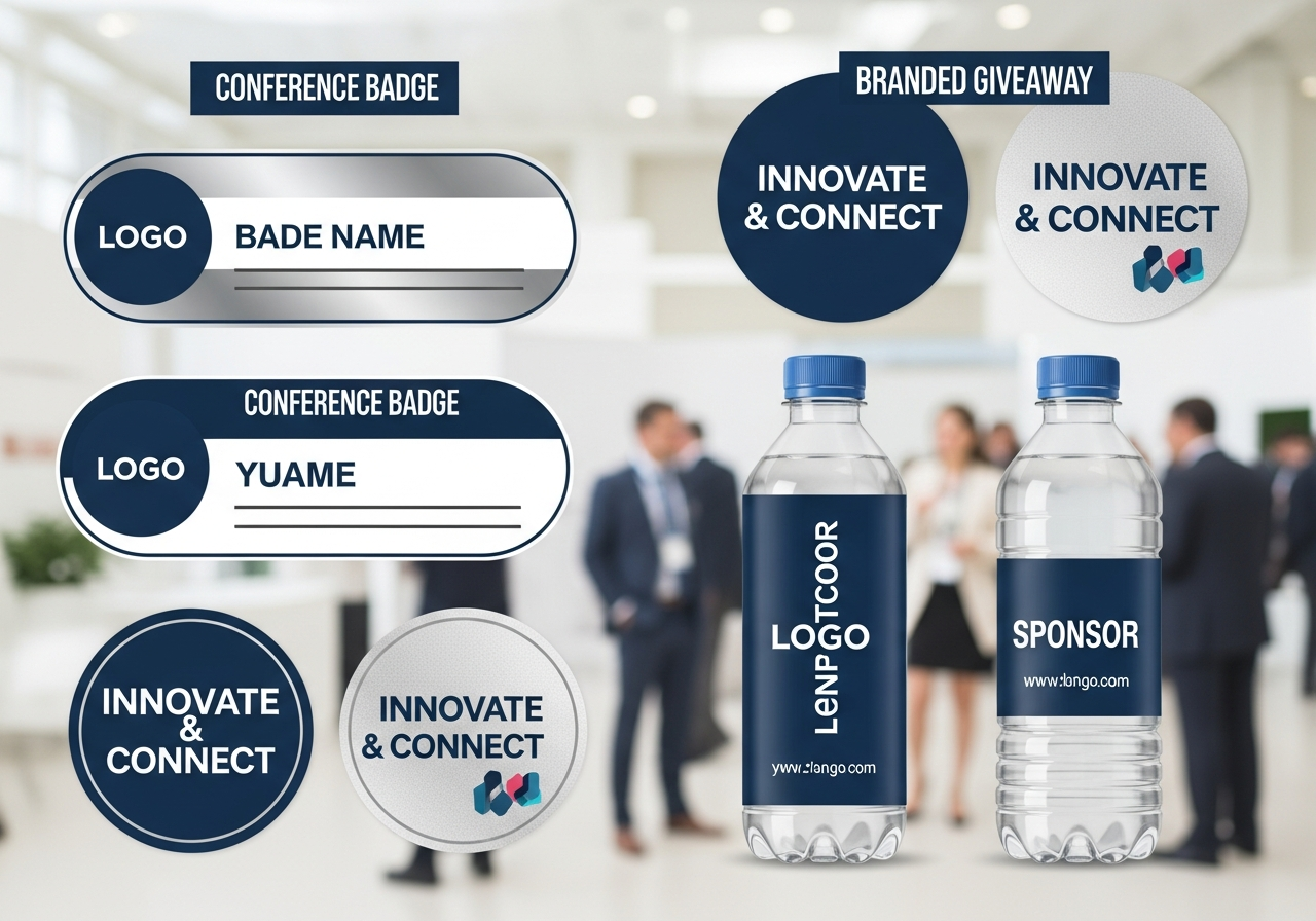 Corporate conference stickers with brand logos and event branding