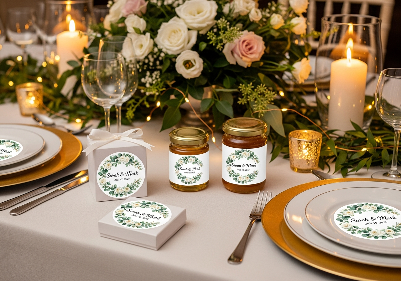 Elegant wedding favor stickers with monogram and gold foil accents