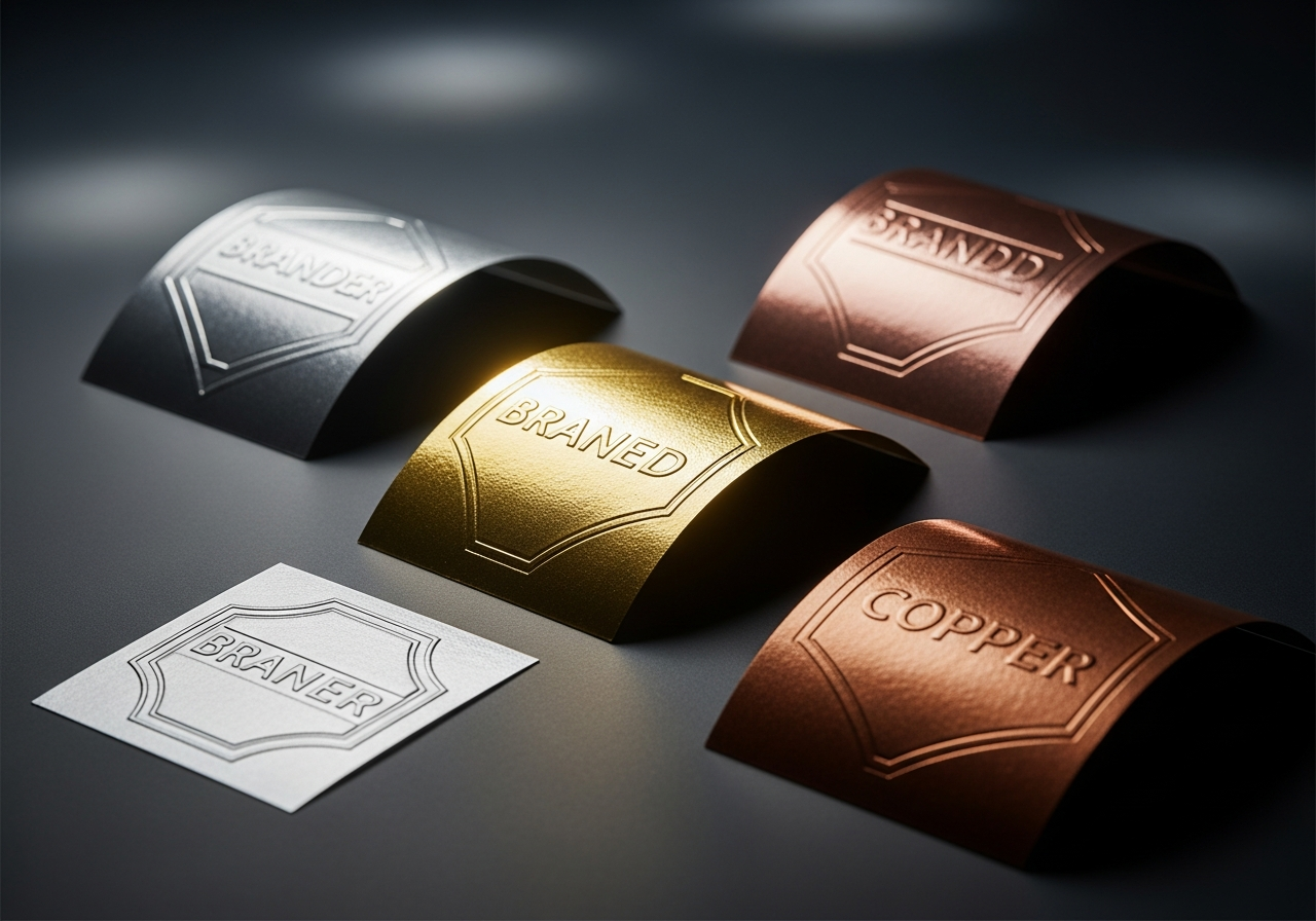 Gold foil and silver foil custom sticker examples on different backgrounds