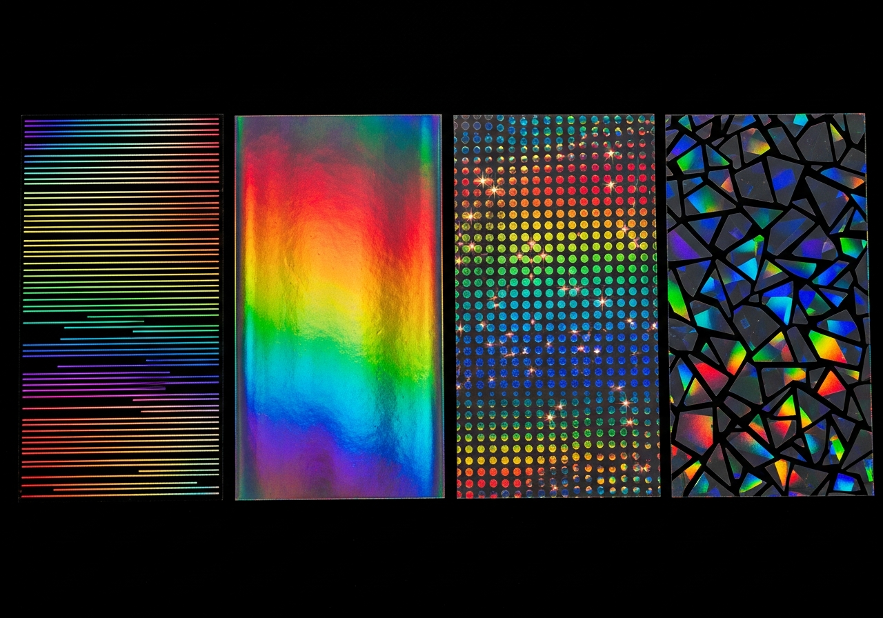 Types of holographic sticker materials showing linear, dot matrix, and prismatic
