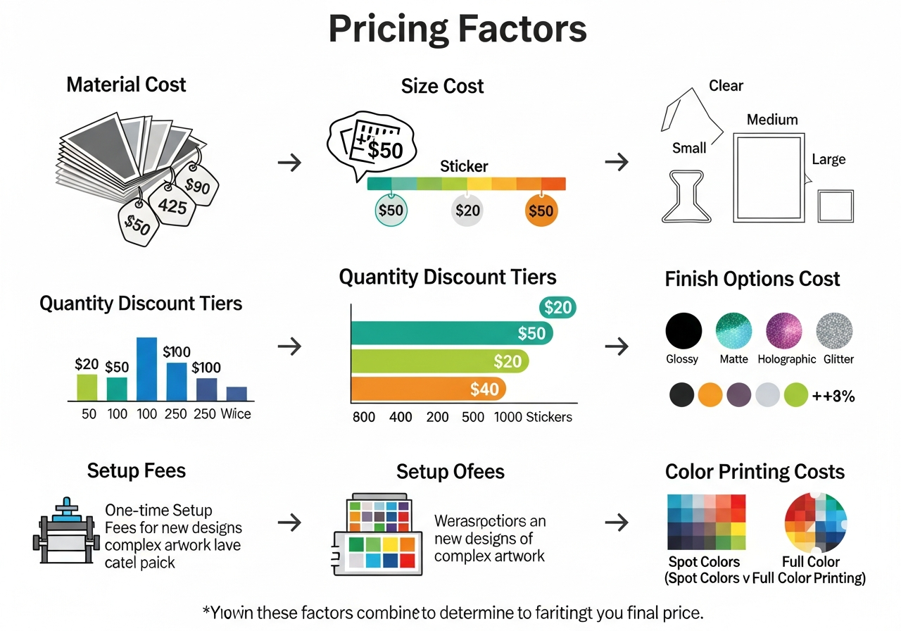 Custom sticker cost factors breakdown showing material, cutting, size, and quantity