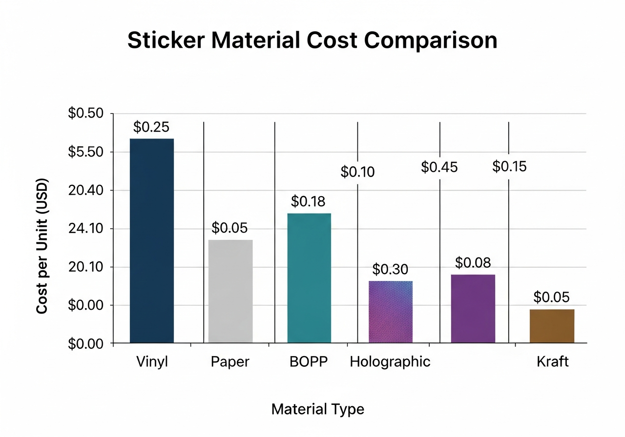 Material cost comparison chart for vinyl, paper, BOPP, and clear stickers