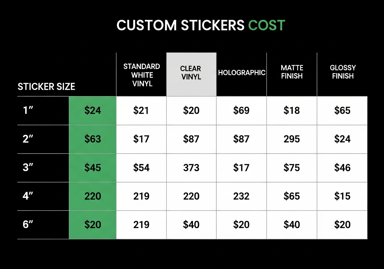 Size cost matrix showing price per unit across different sticker dimensions