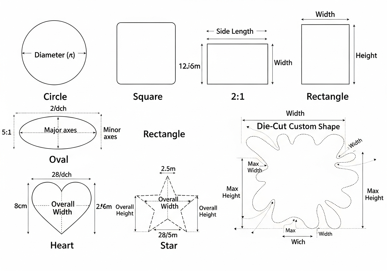 Standard sticker shapes including circle, square, rectangle, oval, and die-cut