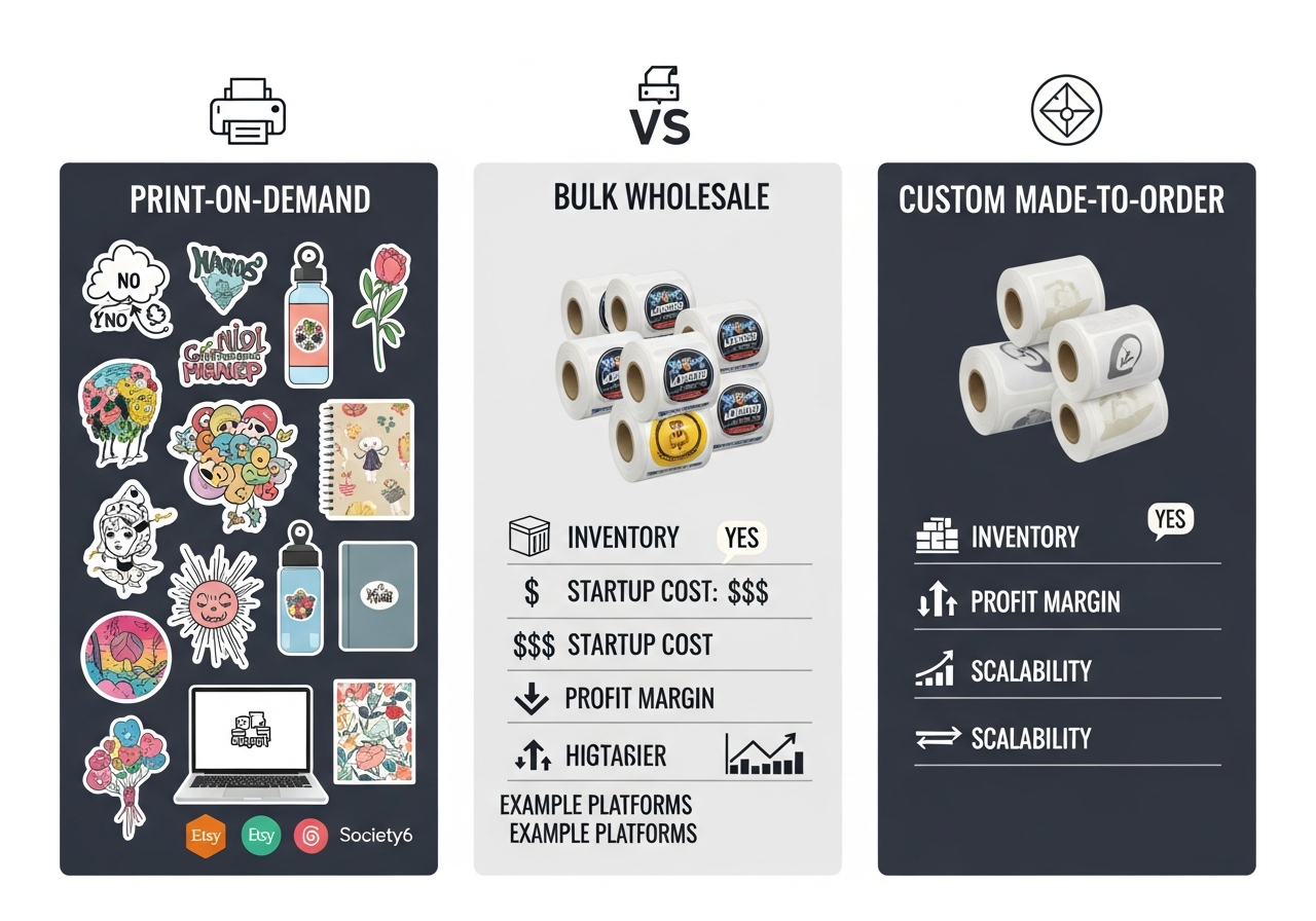 Sticker business model comparison POD vs wholesale vs self production
