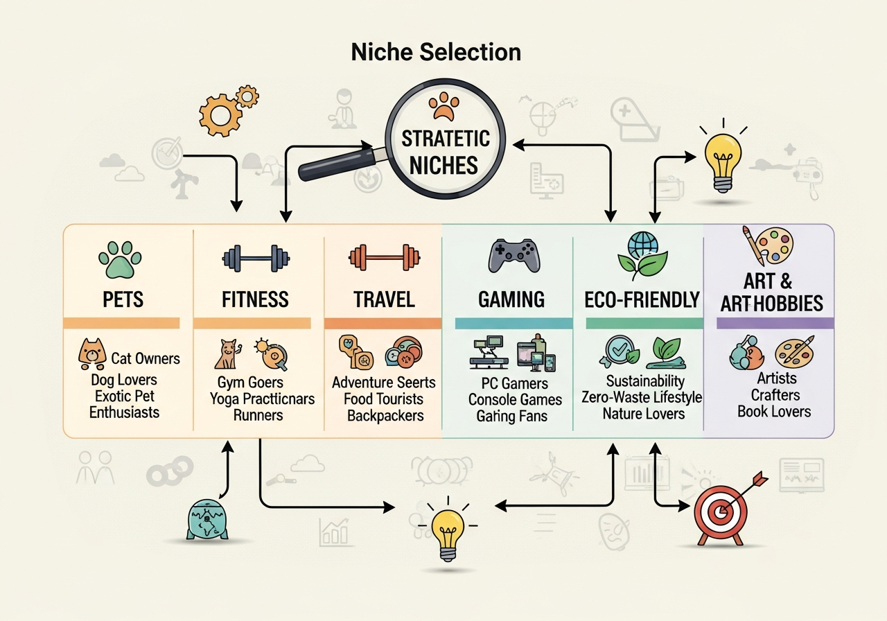Sticker niche selection diagram with market research categories