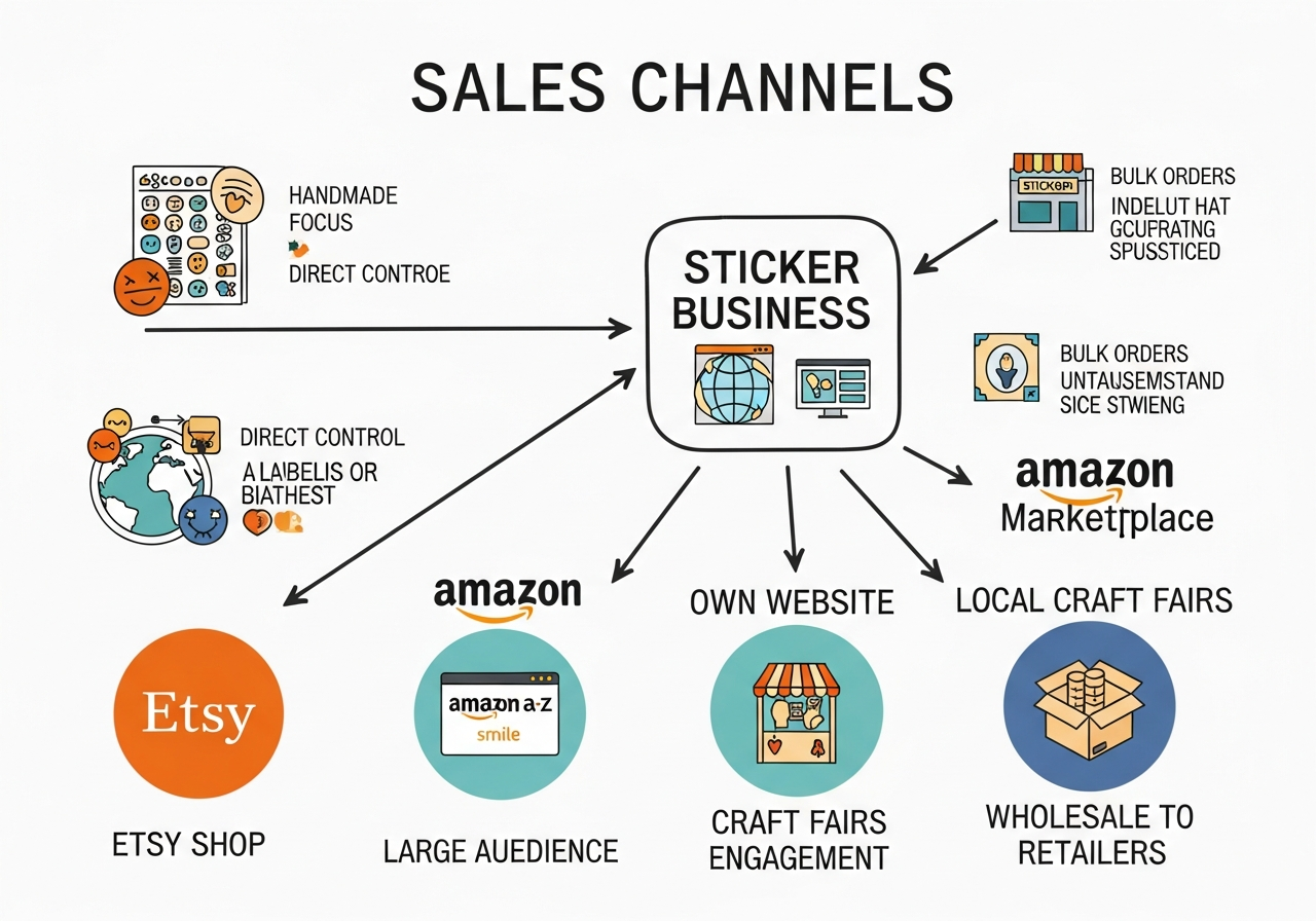 Sticker sales channels overview including Etsy Shopify and marketplaces