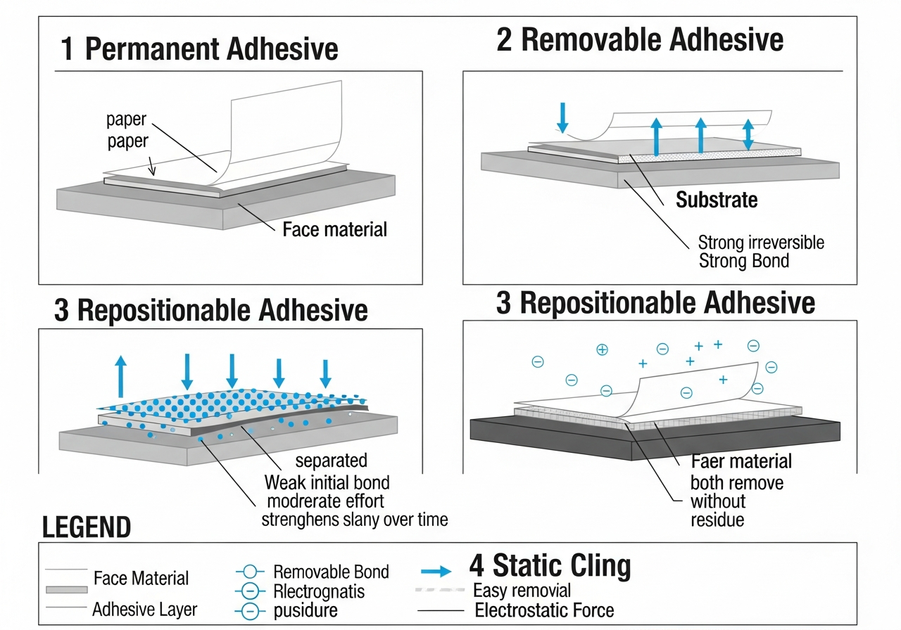 Adhesive types diagram showing permanent removable and freezer-grade sticker adhesives