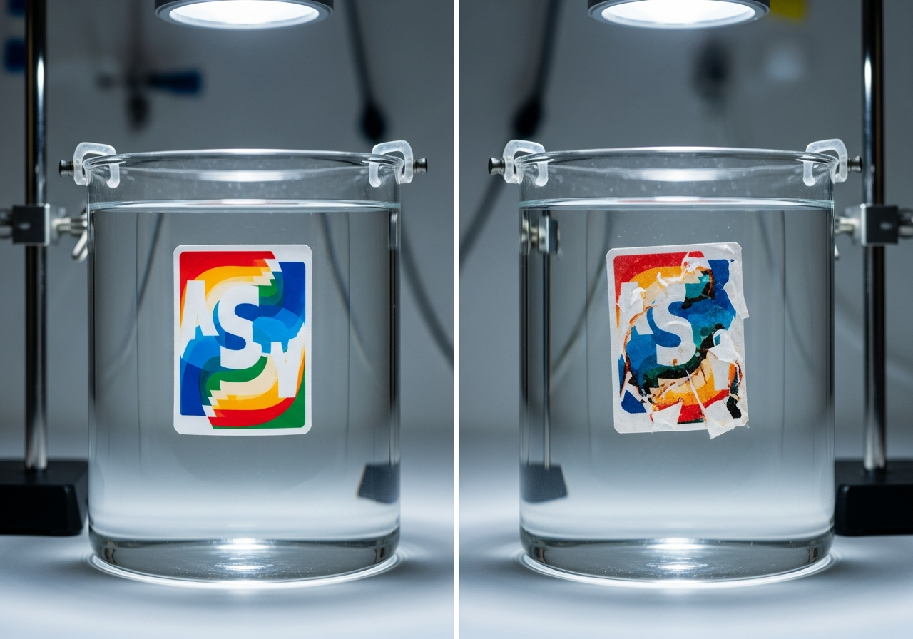 Waterproof test results comparing vinyl BOPP and paper sticker materials