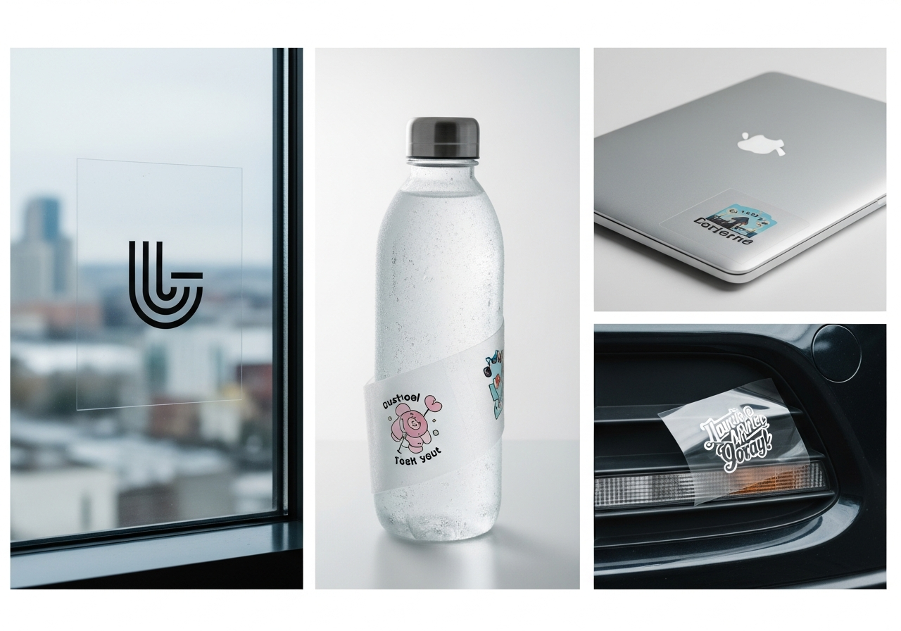 Clear stickers applied on glass laptop and water bottle showing transparent effect