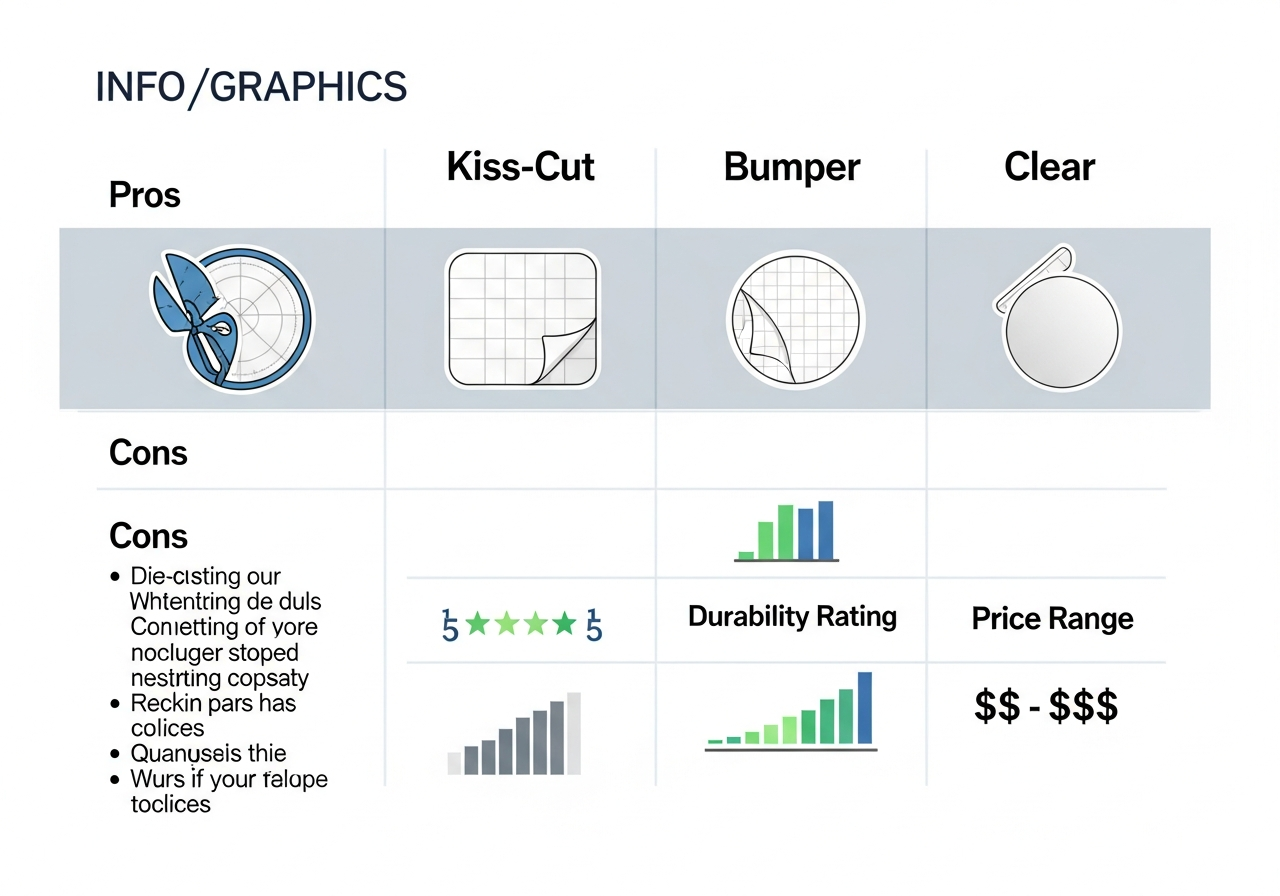 Complete comparison chart of die-cut kiss-cut clear and transfer sticker types