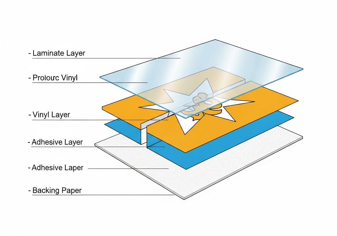 Kiss-cut sticker cross section showing cut through vinyl but not backing paper